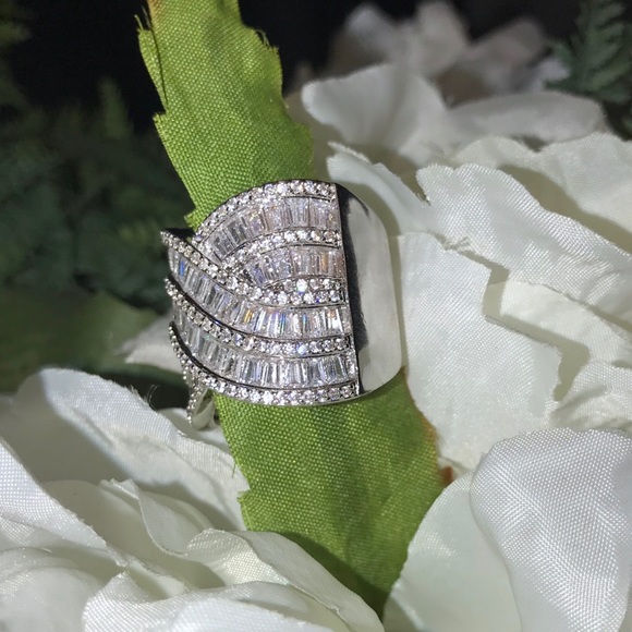 Baguette & Round White Sapphire .925 Sterling Ring - Picture 2 of 5
